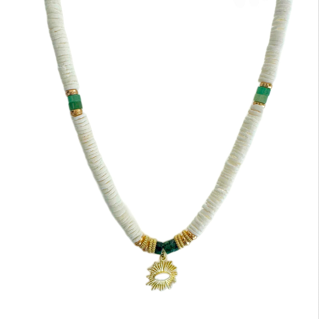 Solaana White Beaded Necklace with Gold Sun Charm