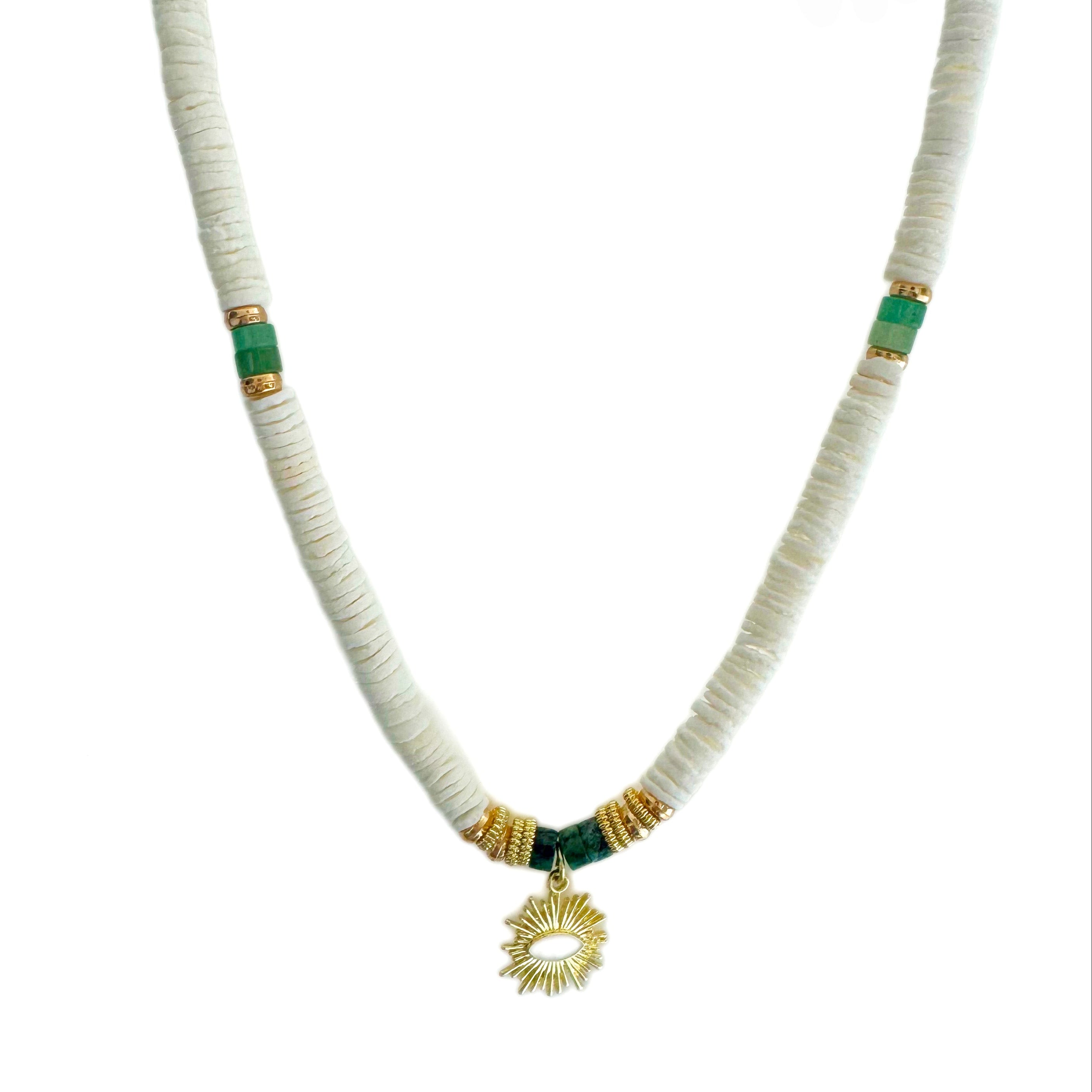 Solaana White Beaded Necklace with Gold Sun Charm