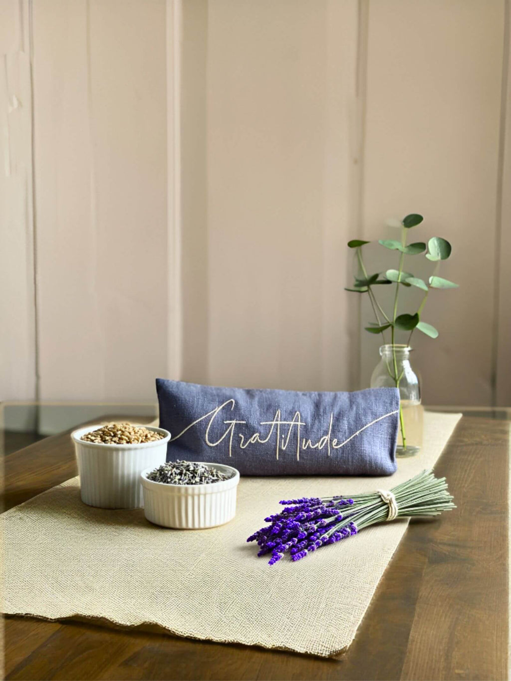 Gratitude Embroidered Linen and Lavender Eye Pillow