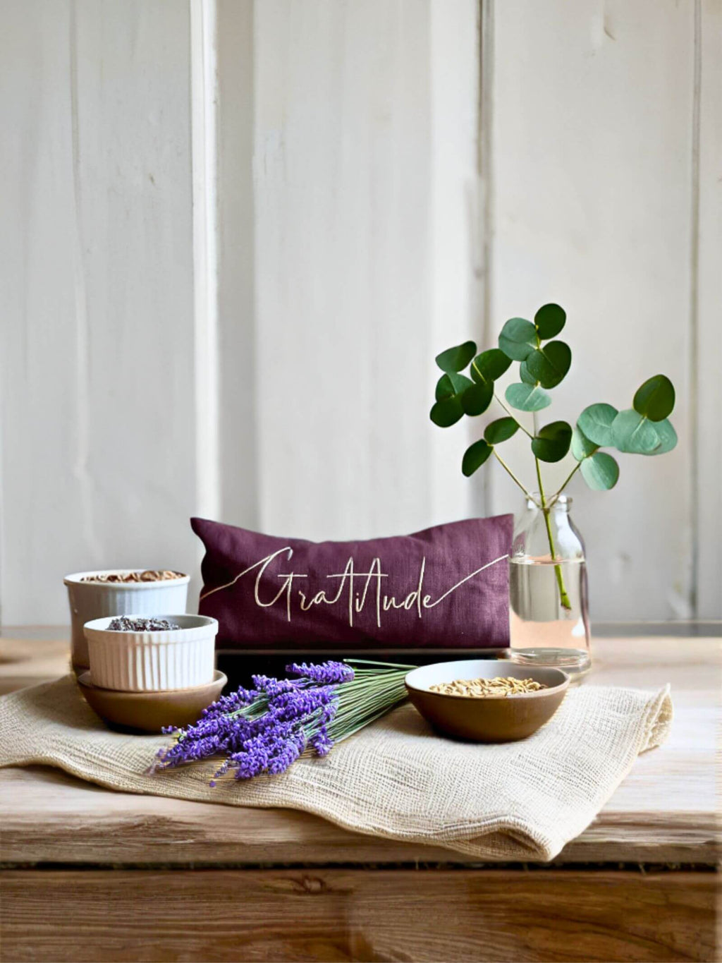 Gratitude Embroidered Linen and Lavender Eye Pillow