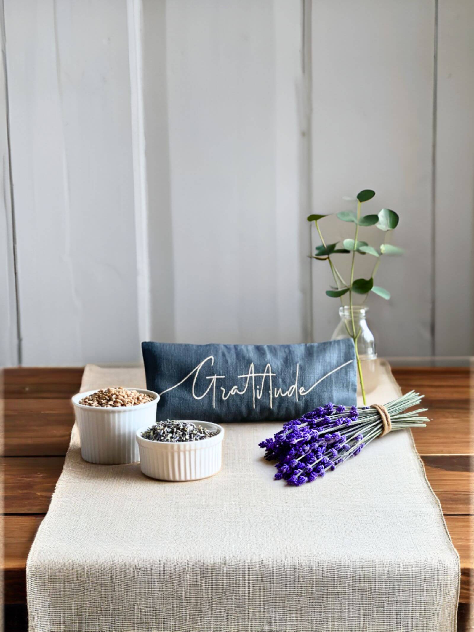 Gratitude Embroidered Linen and Lavender Eye Pillow