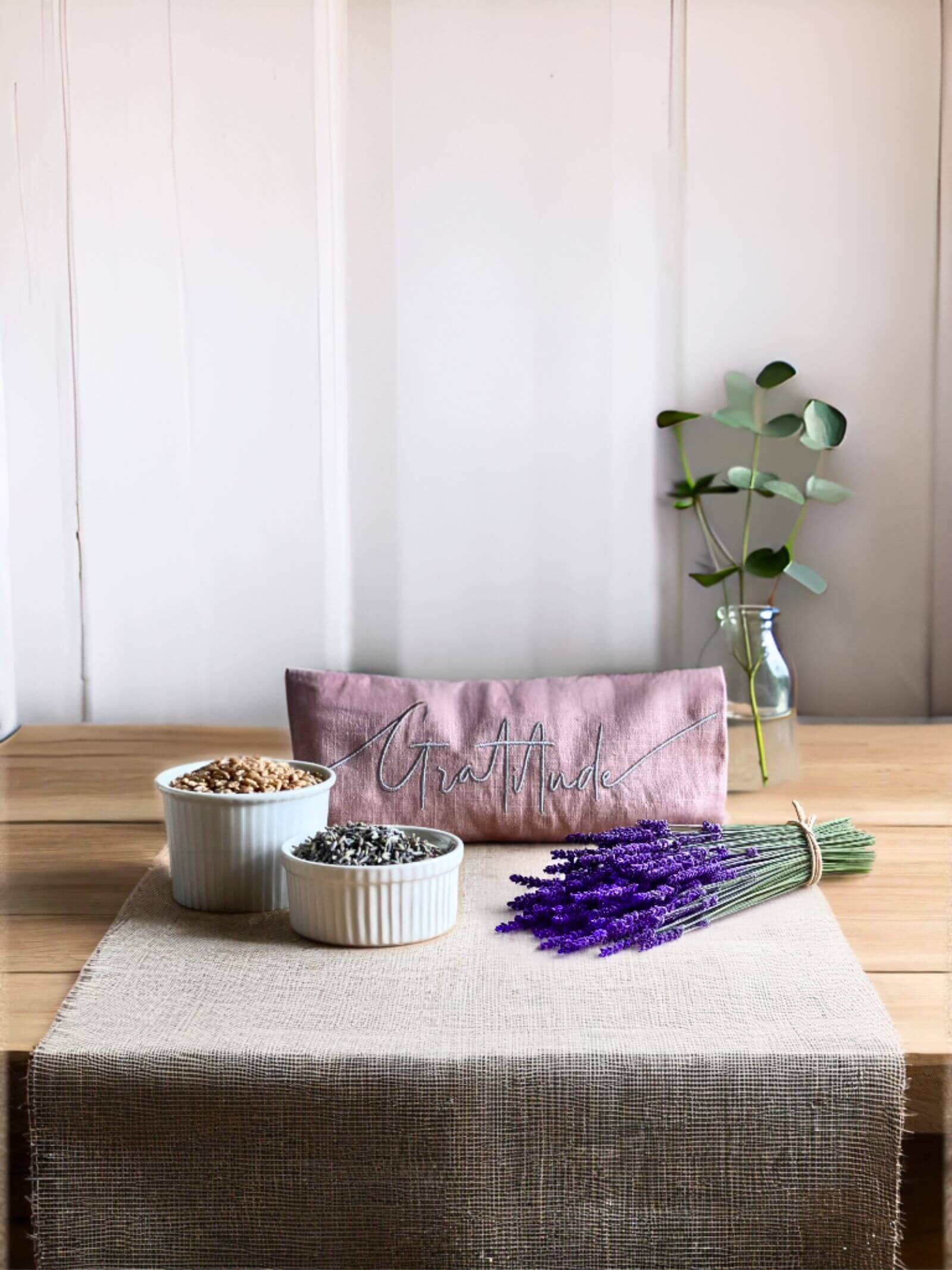 Gratitude Embroidered Linen and Lavender Eye Pillow
