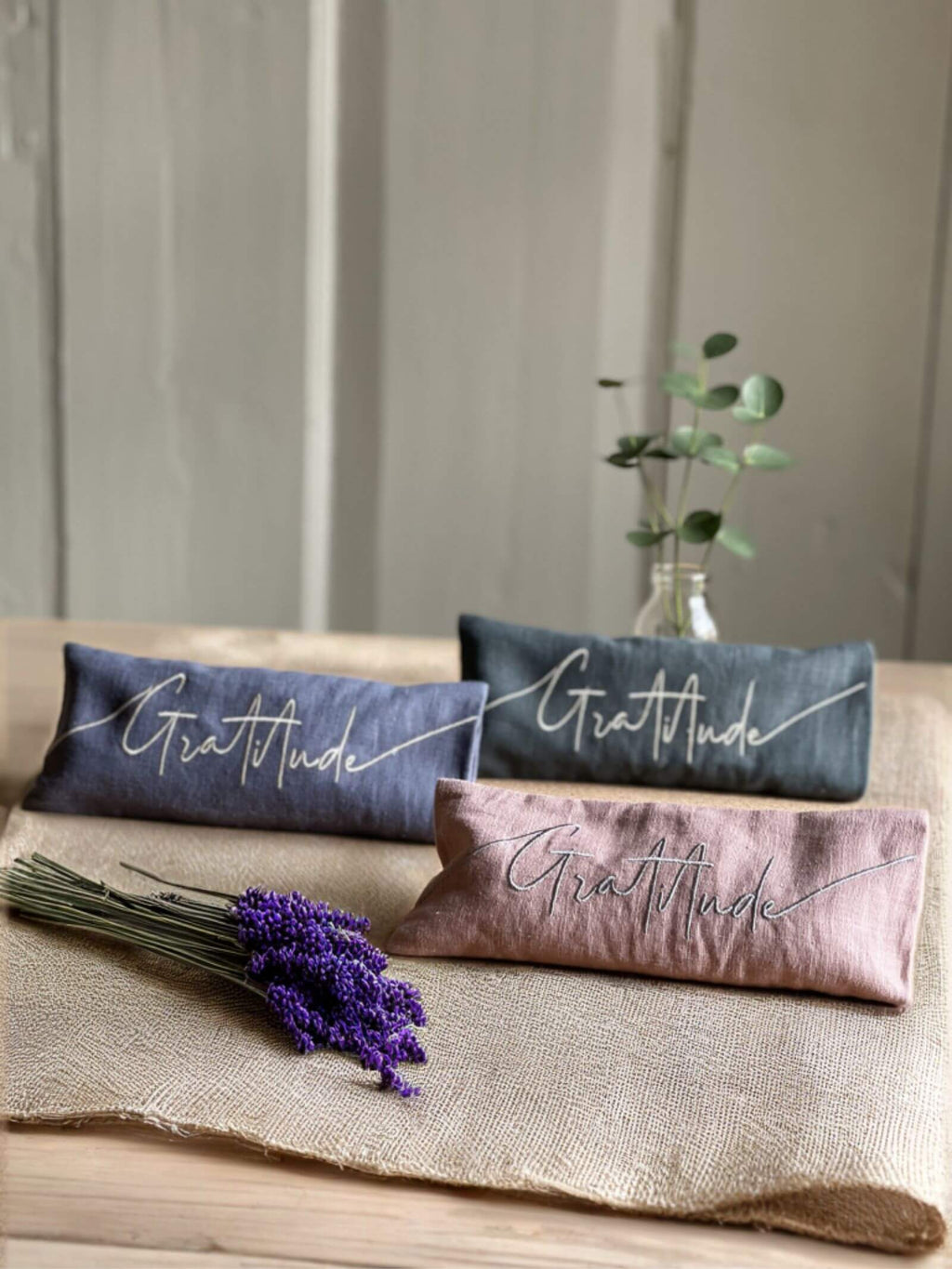 Gratitude Embroidered Linen and Lavender Eye Pillow
