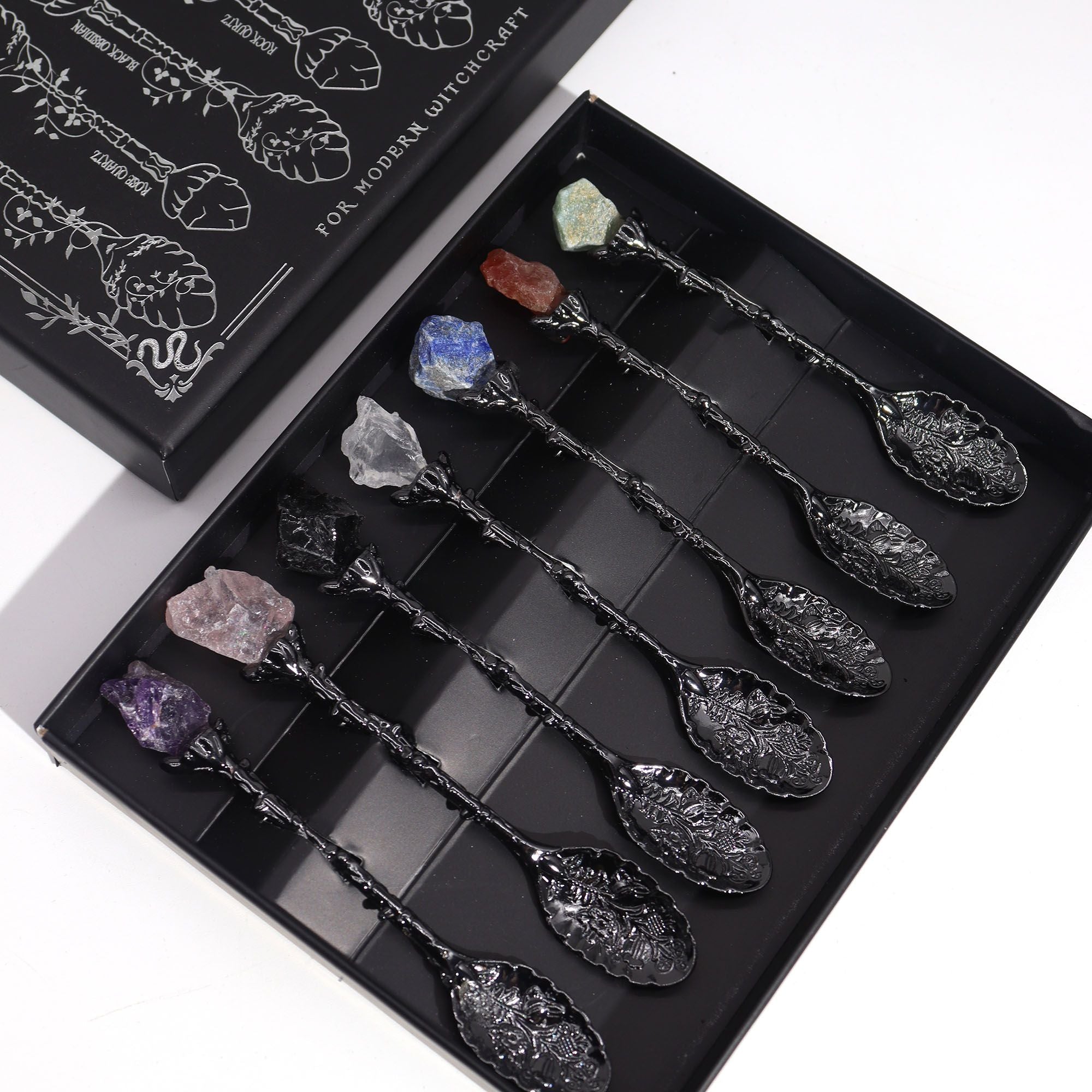 Set of 7 Dark Silver Gemstone Crystal Witch Spoons