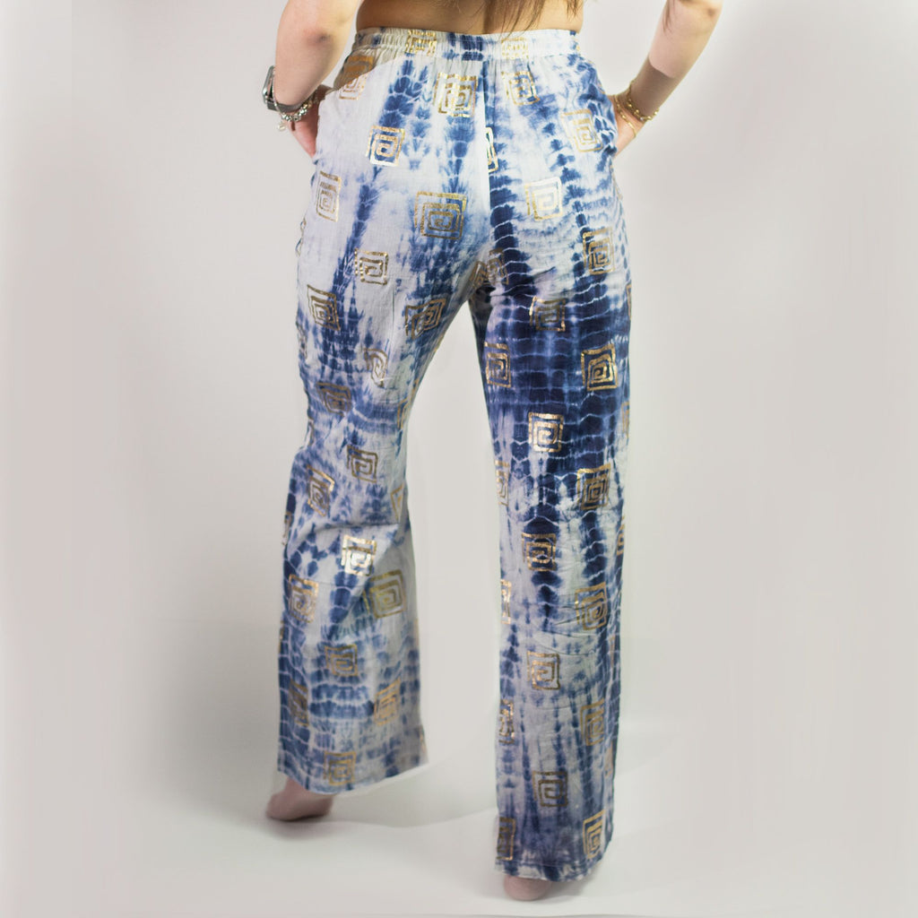 (ML) Nomad Sari On the Med Collection - Lounge Pants - Gold & Blue Greek Motiff - Handpainted