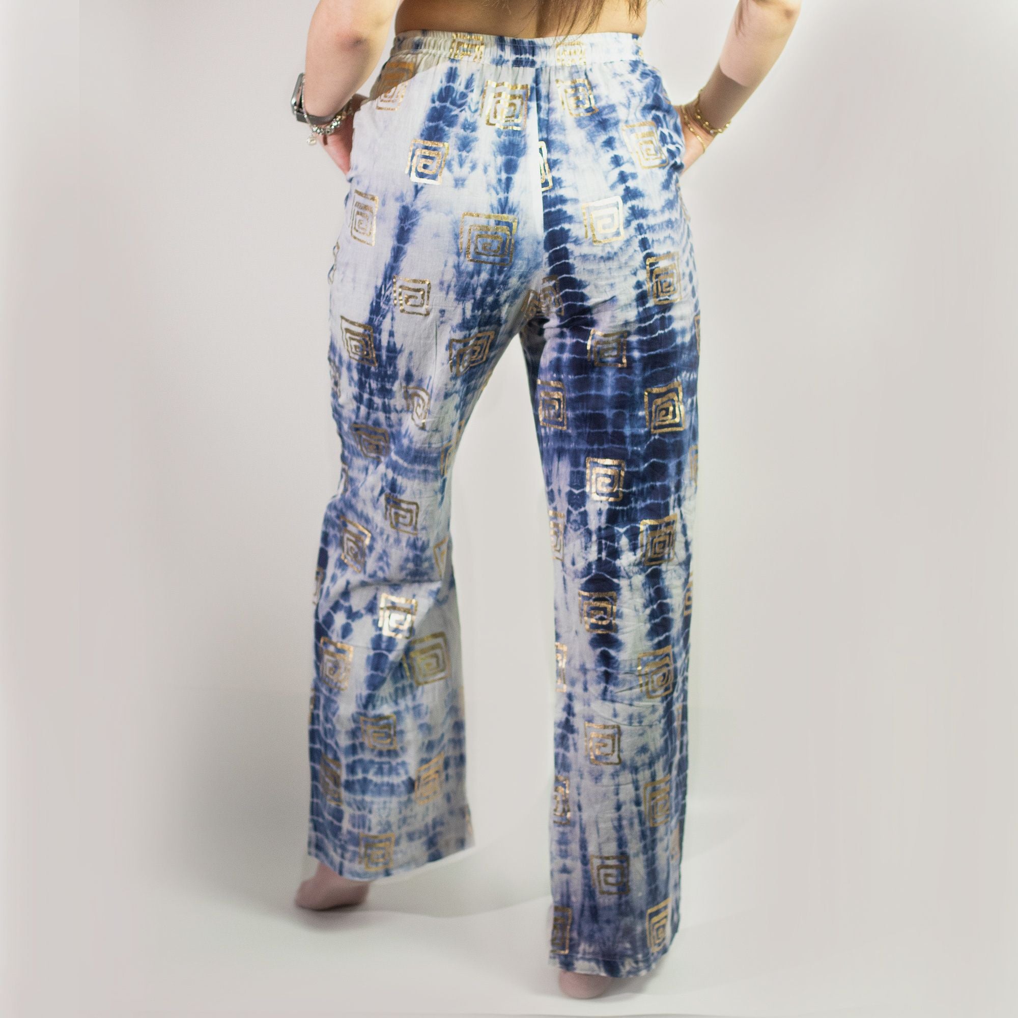 (LXL) Nomad Sari On the Med Collection - Lounge Pants - Gold & Blue Greek Motiff - Handpainted