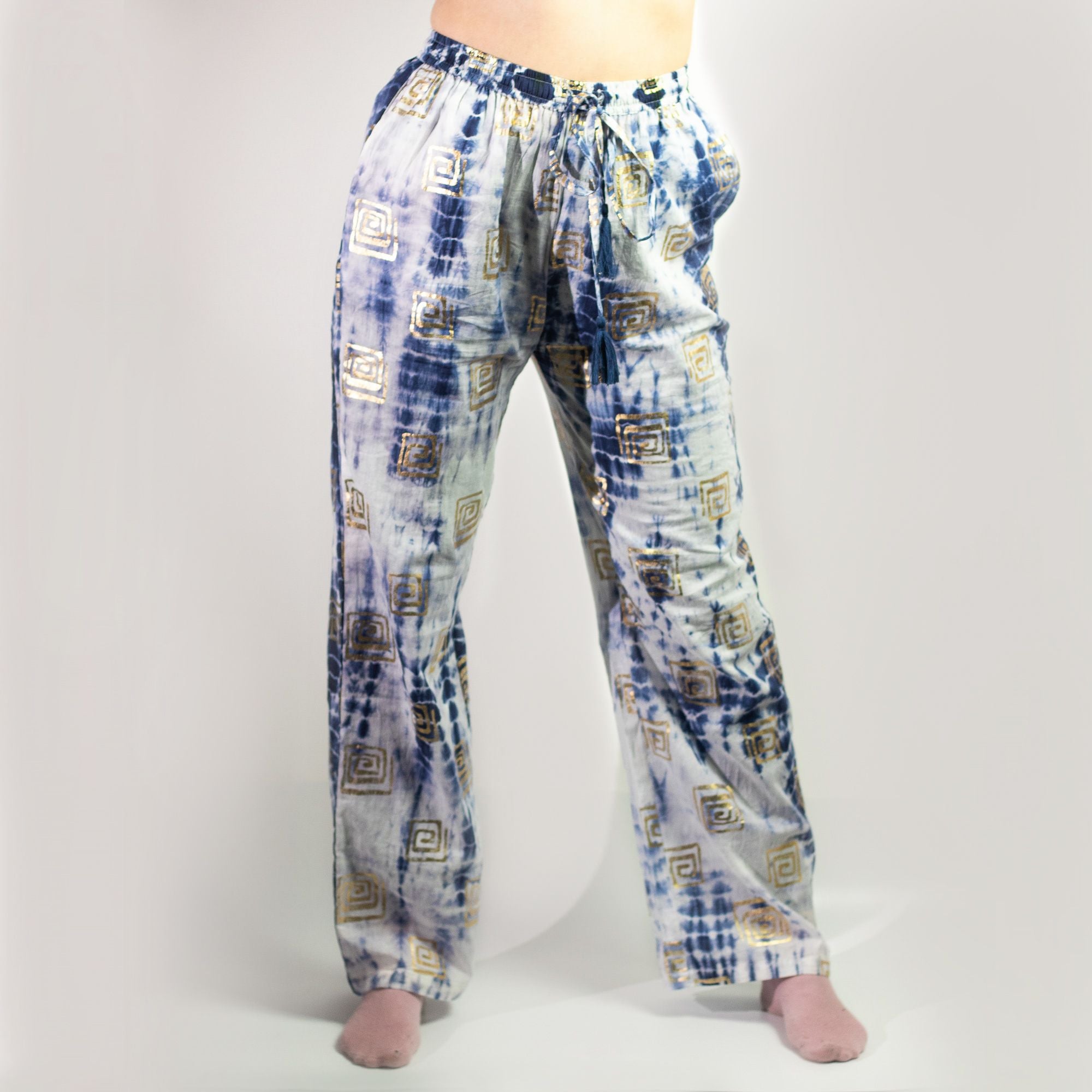 (LXL) Nomad Sari On the Med Collection - Lounge Pants - Gold & Blue Greek Motiff - Handpainted