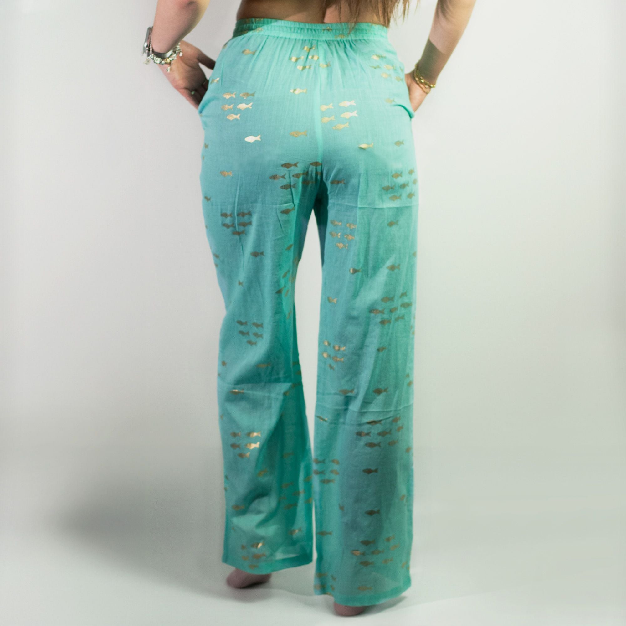 (LXL) Nomad Sari On the Med Collection - Lounge Pants - Turquoise & Gold Fish Design