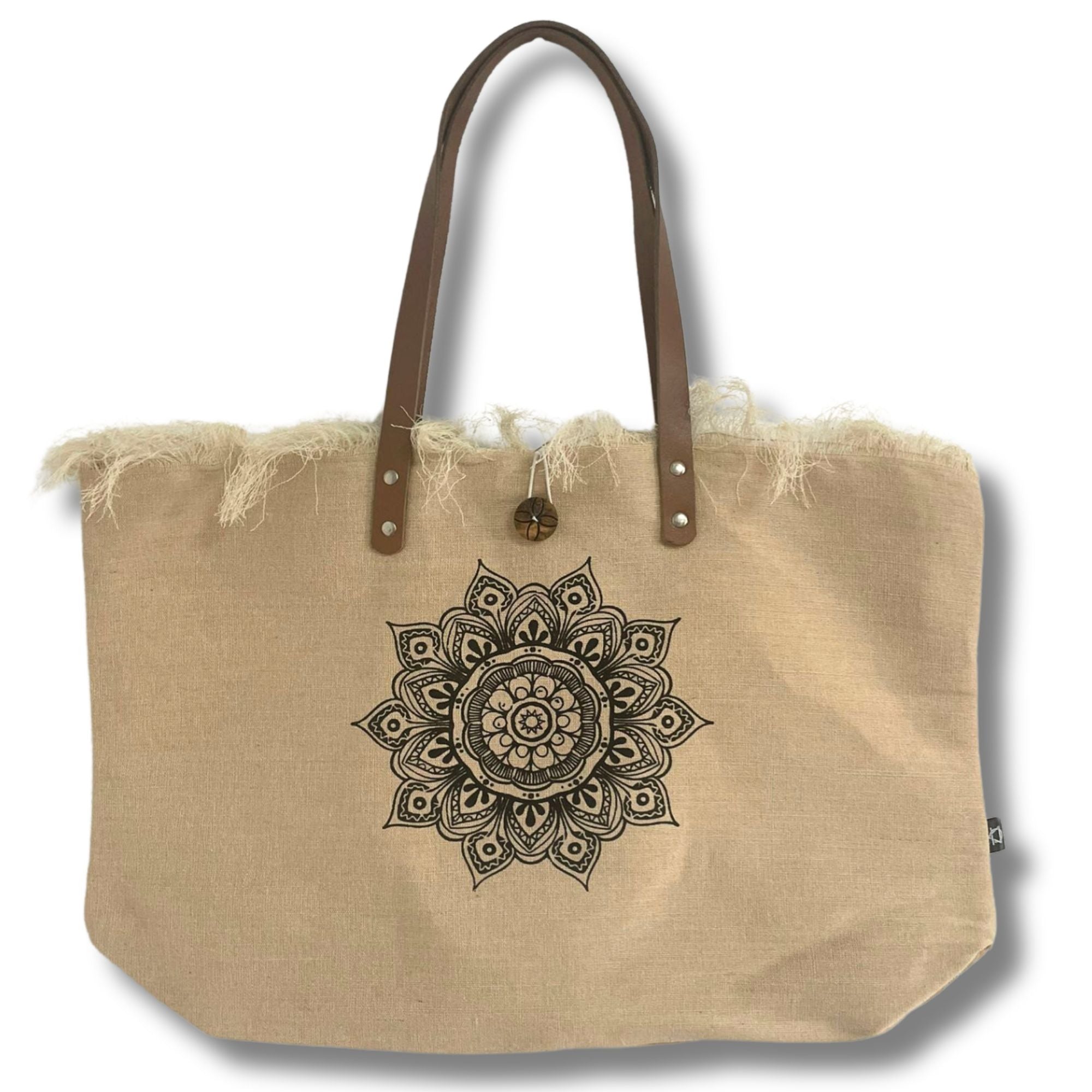 Natural Tote Bag Leather Handle - Flower of Life