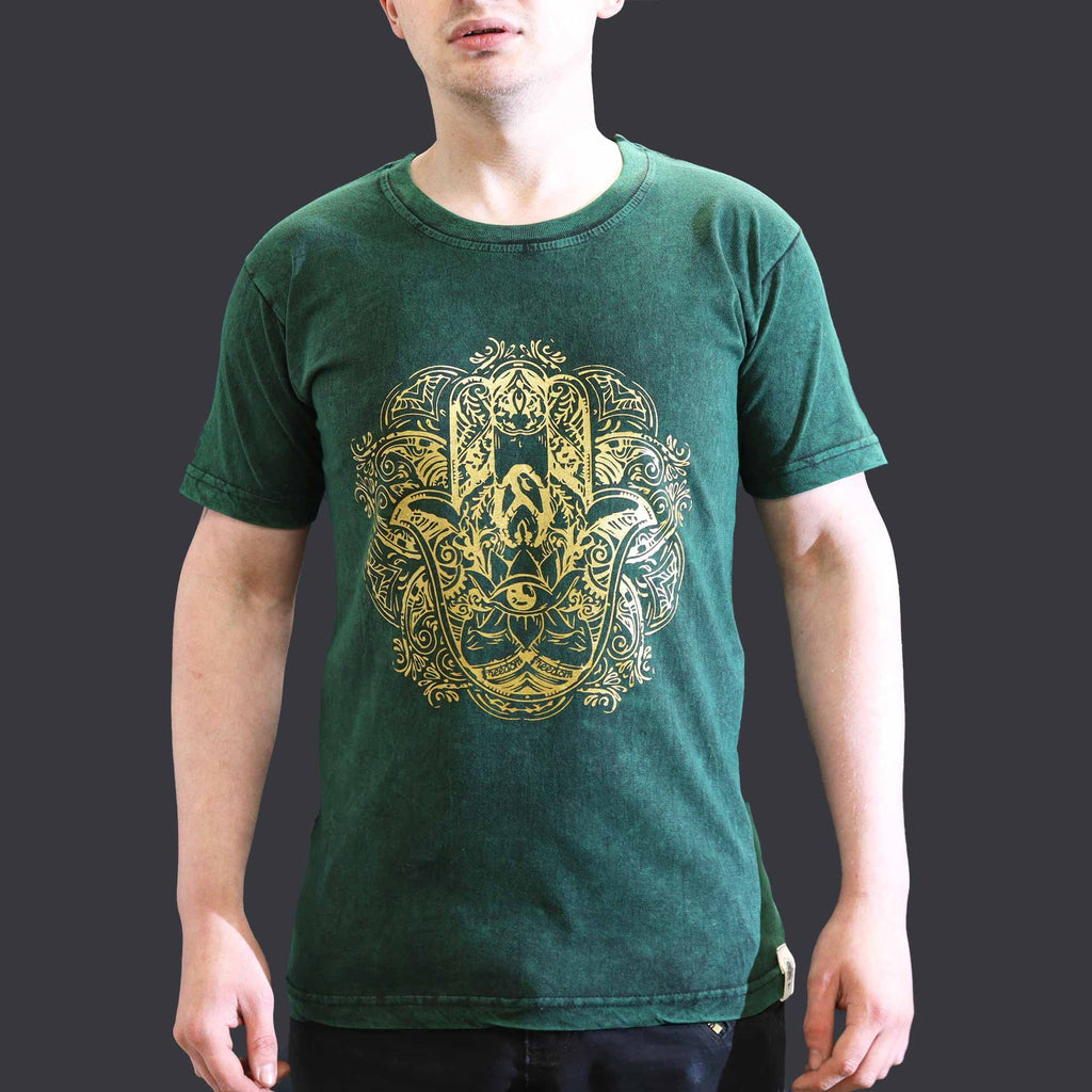 Small Stone Washed T-Shirt - Hamsa - Green
