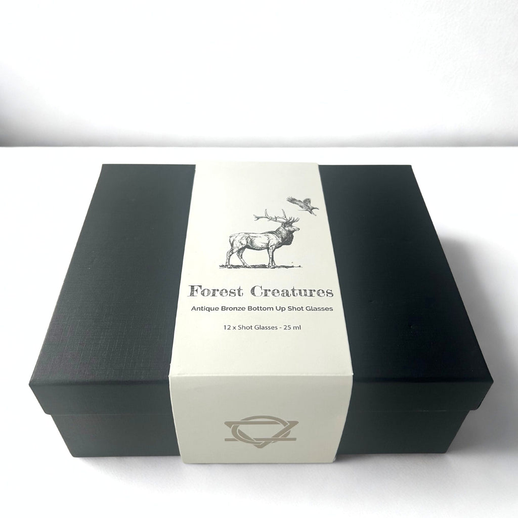 Gift Set of 12 Bottom Up Shot Glasses (25ml) - Forest & Mystical Creatures - Antique Bronze