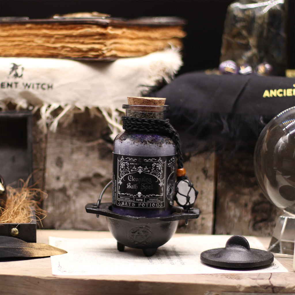 Ancient Witch Bath Spell Potion & Rock Crystal Amulet - Cleansing