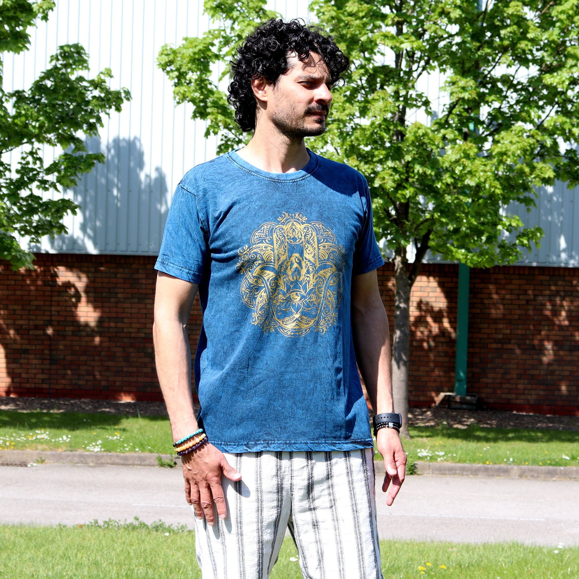 Medium Stone Washed T-Shirt - Hamsa - Blue