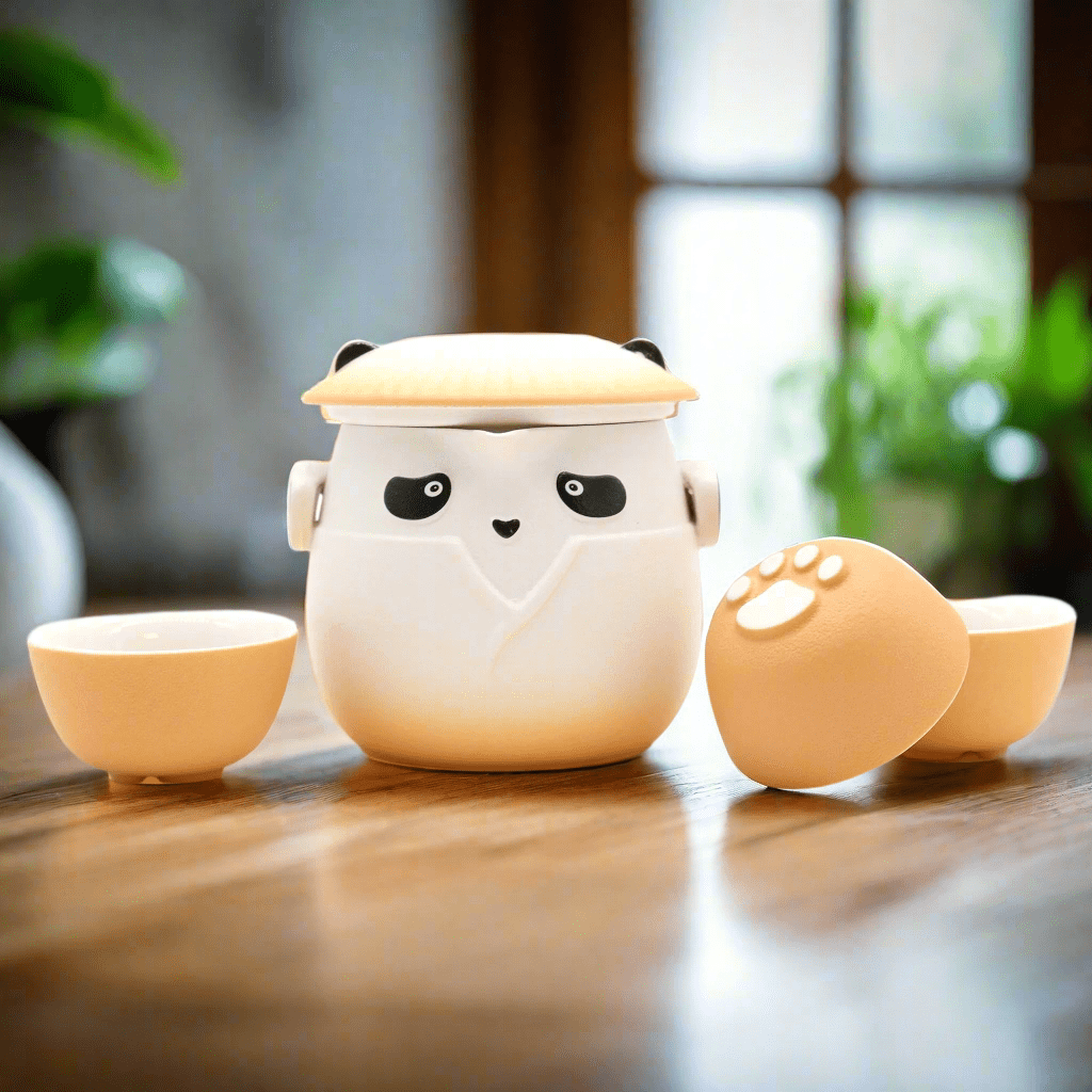 Panda Teapot Set & Three Cups - Orange