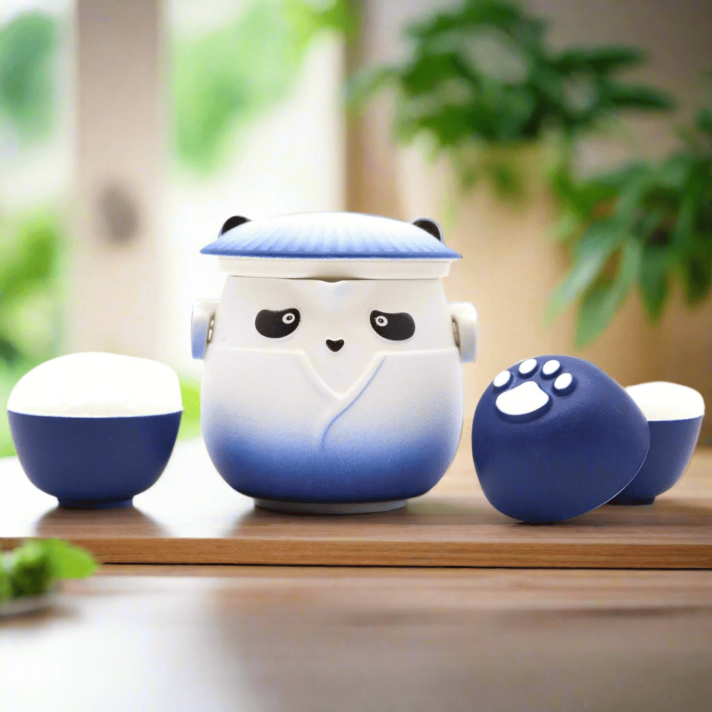 Panda Teapot Set & Three Cups - Sky Blue