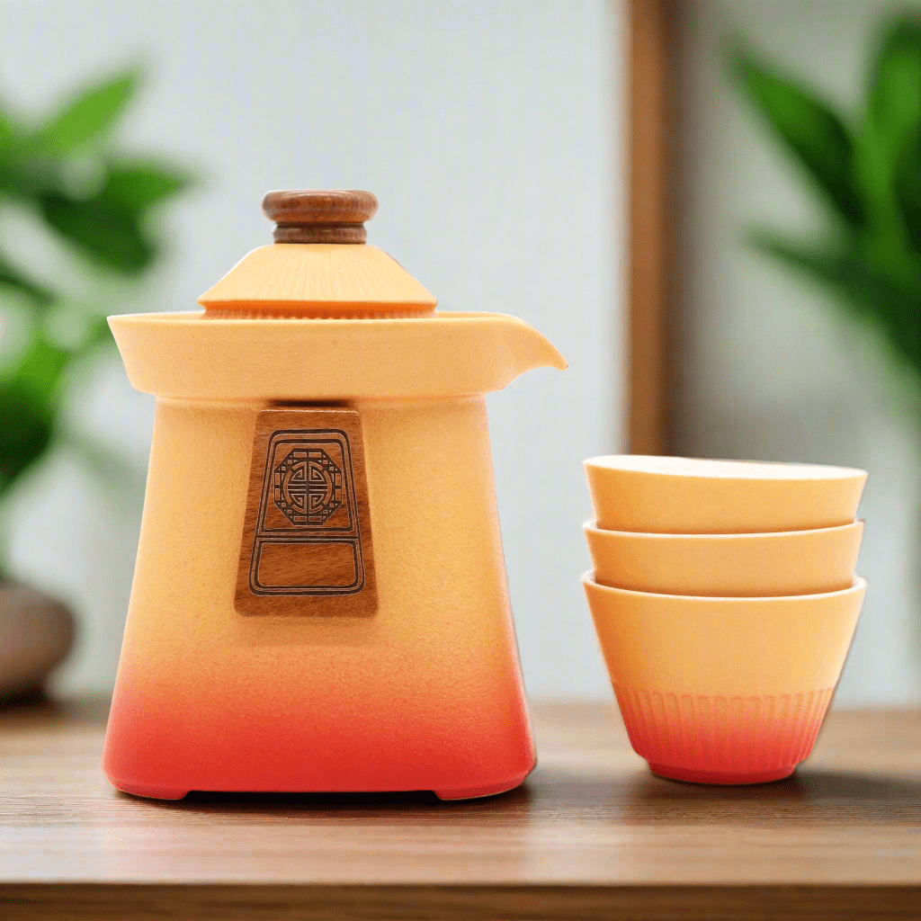 Temple Teapot Set & Three Cups - Orange Earth